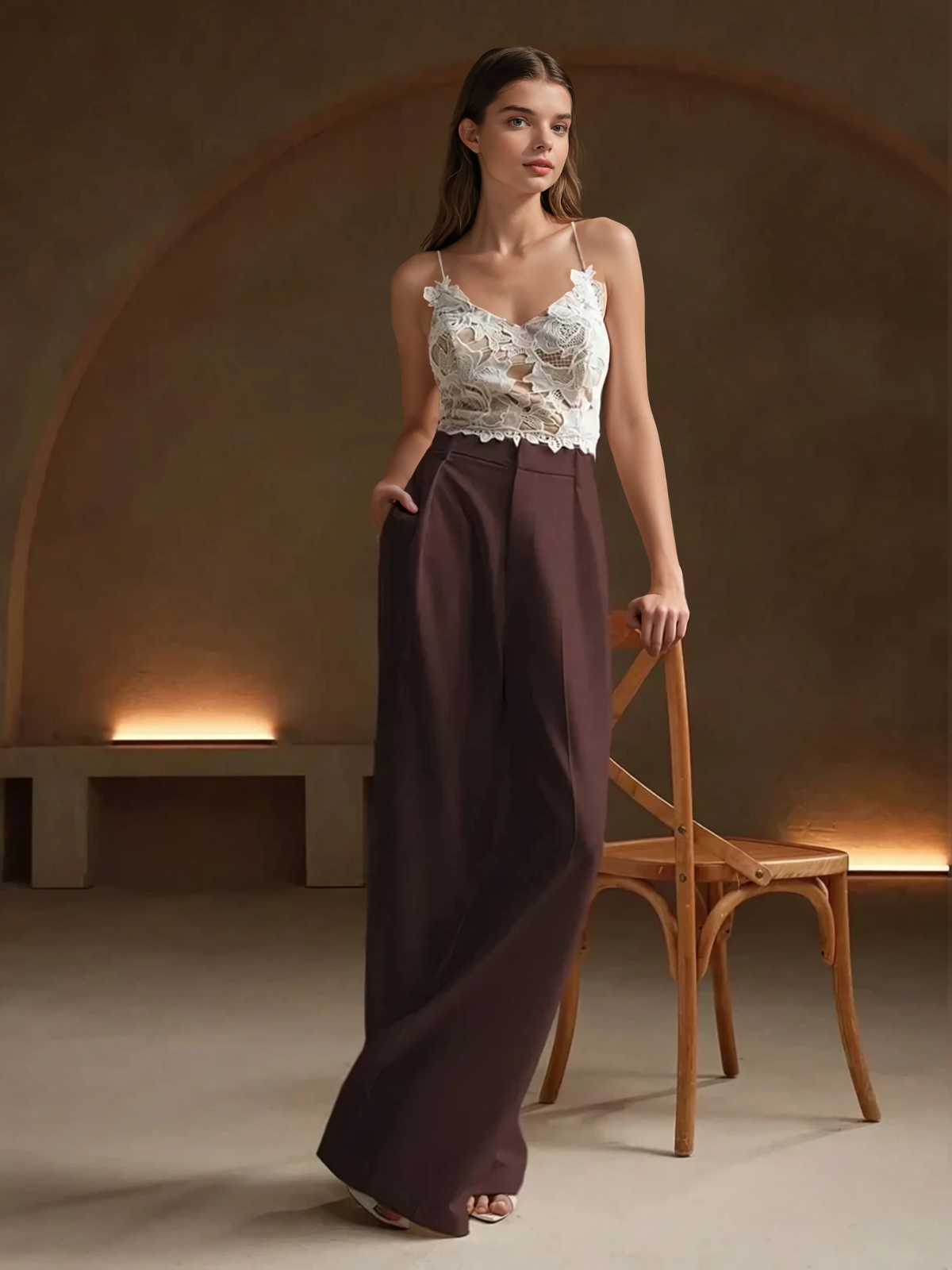 High Waist Wide Leg Trousers With Pleats And Zipper