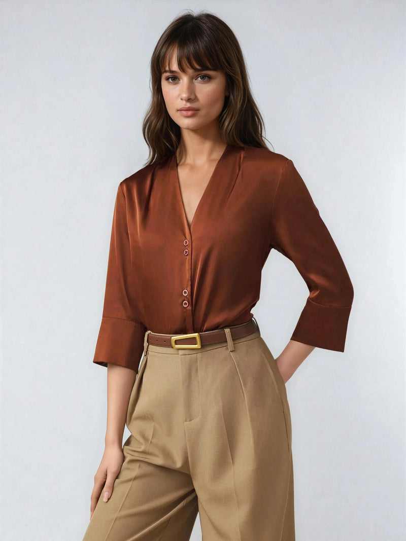 Satin V Neck Top Three Quarter Sleeves Casual Style