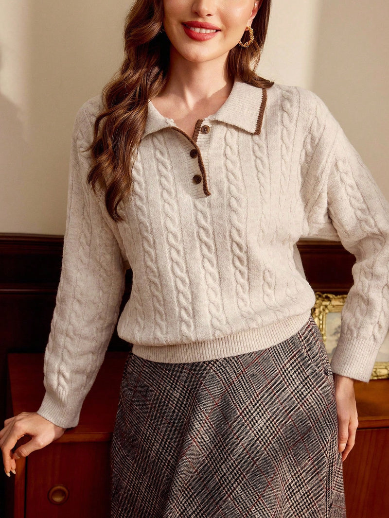 Apricot Colorblock Polo Collar Cable Knit Pullover For Women With Drop Shoulder Detail