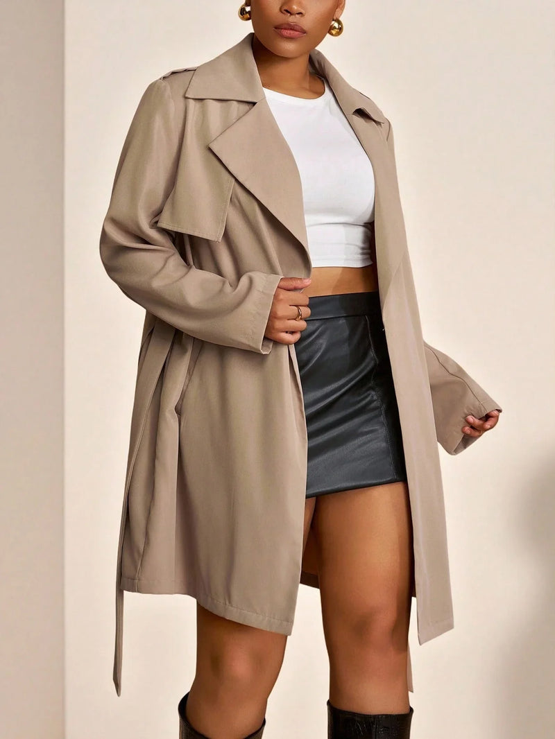Plus Size Trench Coat Two Piece Belted Beige Minimalist