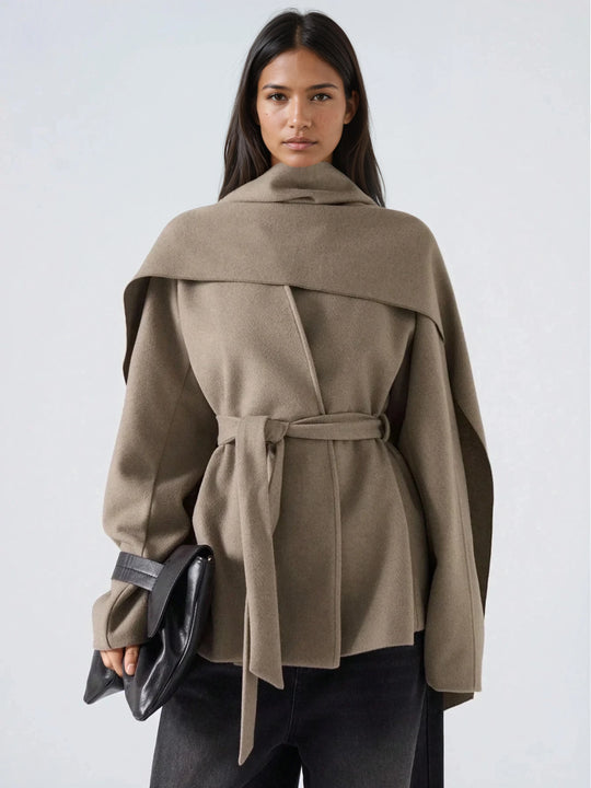 Elegant Minimalist Fall Overcoat With Waist Tie Scarf Design