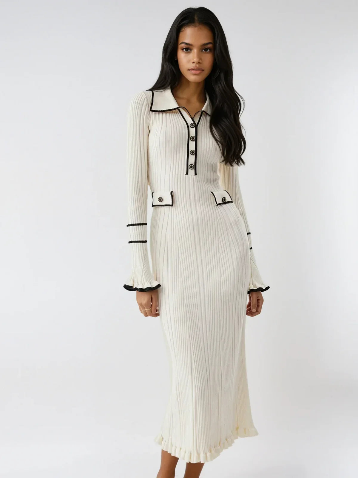 Oldmoney Style Contrast Ruffled Trim Midi Dress - LA FEMME WANDERER
