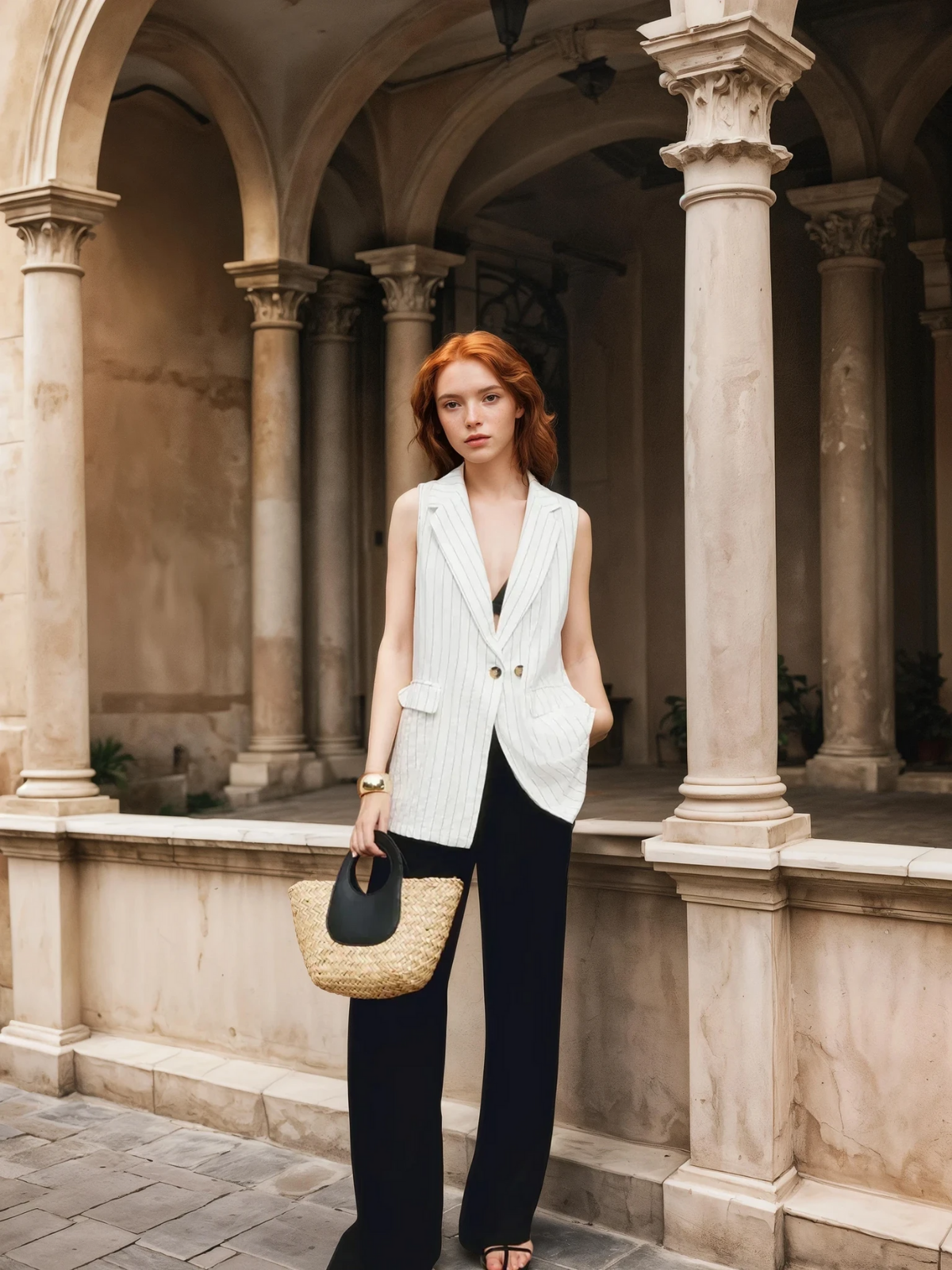 Pinstripe Cotton Blends Vest - LA FEMME WANDERER