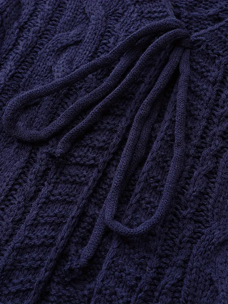 Deep V-neck Navy Blue Cardigan - LA FEMME WANDERER