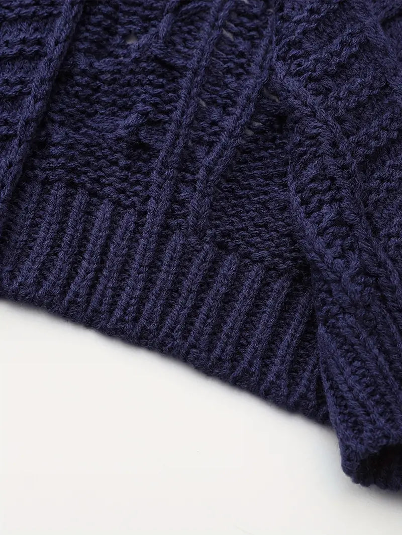 Deep V-neck Navy Blue Cardigan - LA FEMME WANDERER