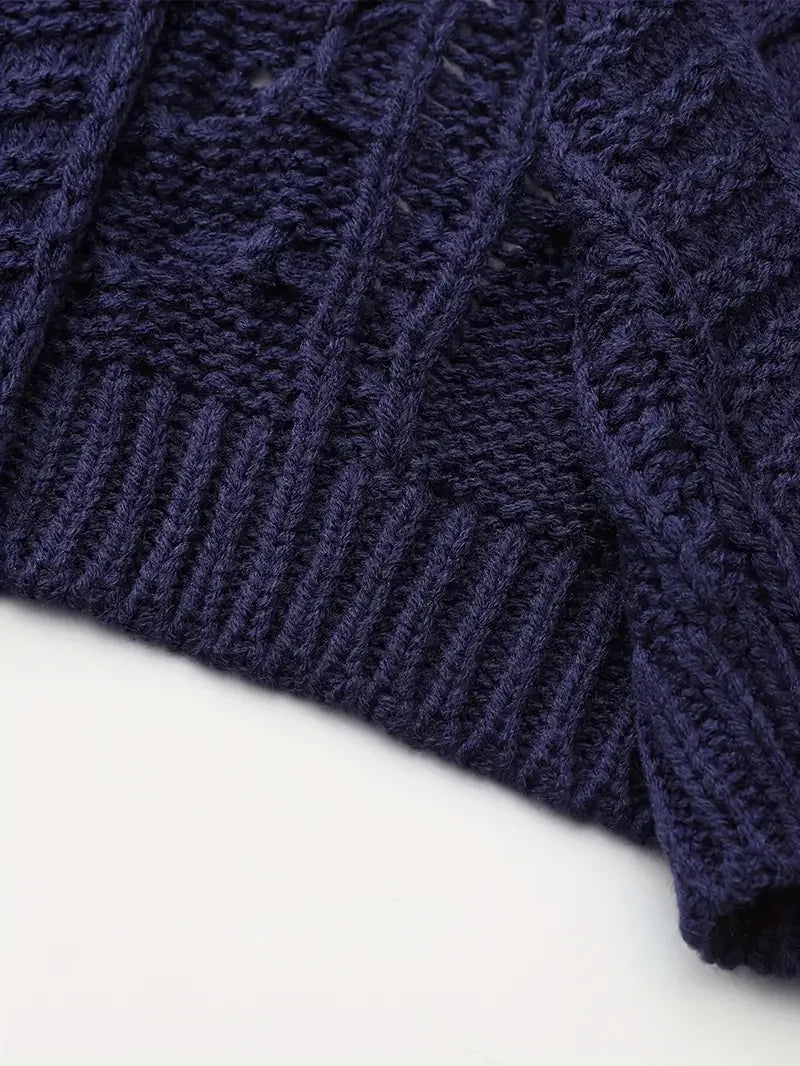 Deep V-neck Navy Blue Cardigan - LA FEMME WANDERER