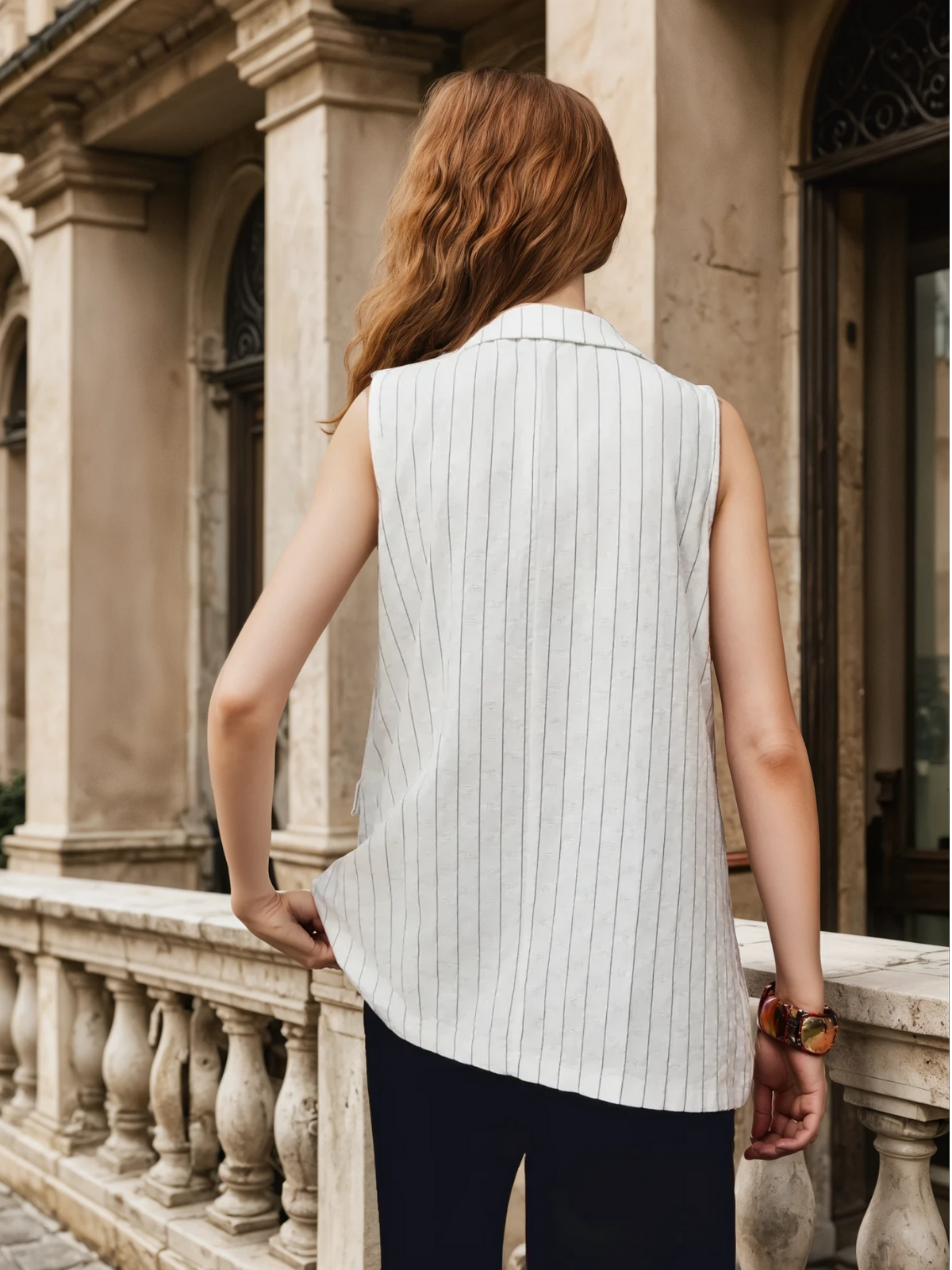 Pinstripe Cotton Blends Vest - LA FEMME WANDERER