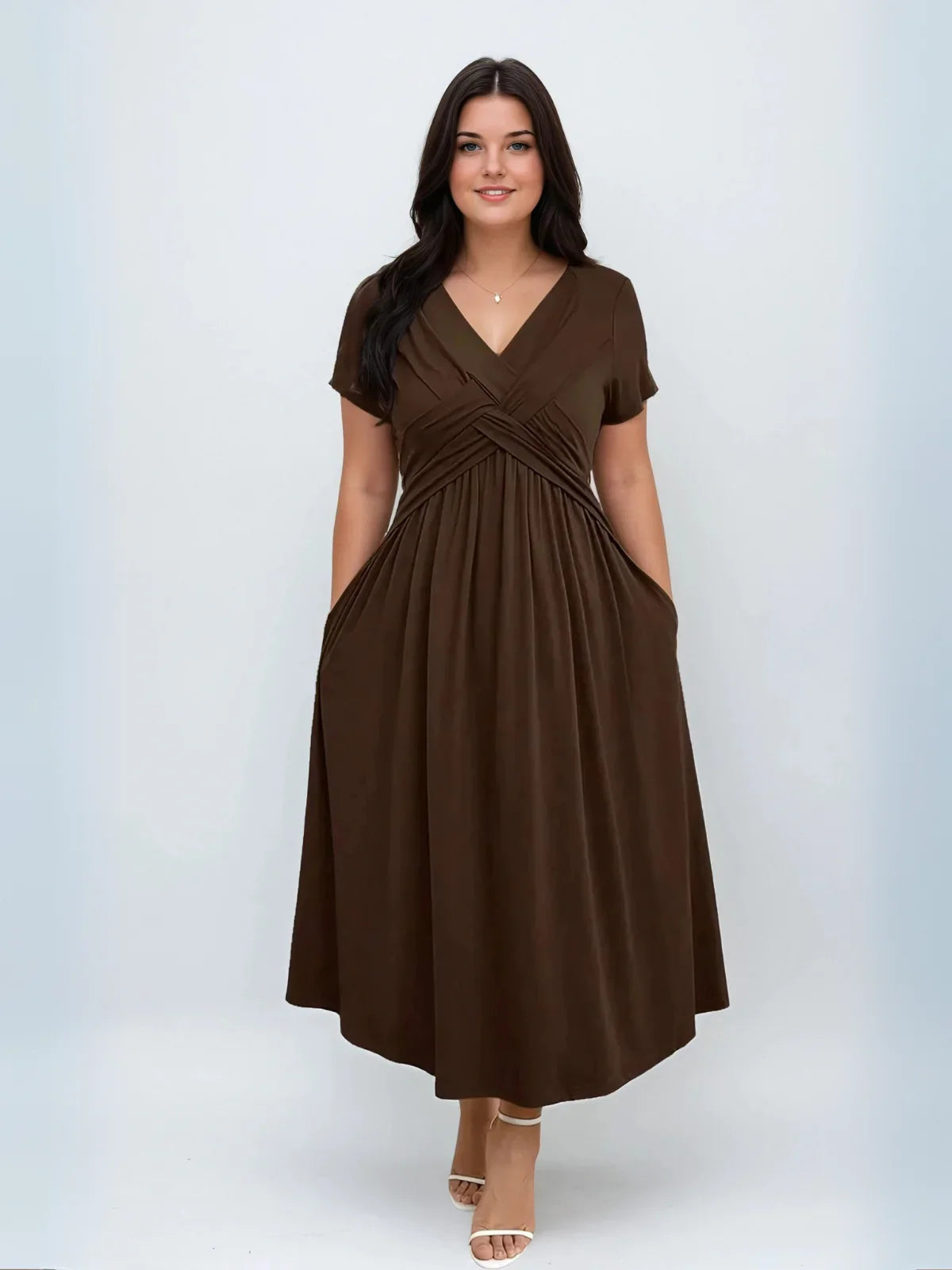 Plus Size V Neck Sundress With Pockets Cinched Waist - LA FEMME WANDERER