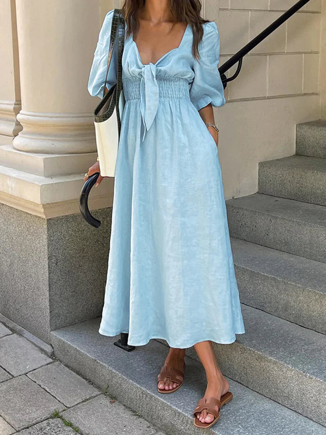 Linen Cotton Front Tie Midi Dress - LA FEMME WANDERER