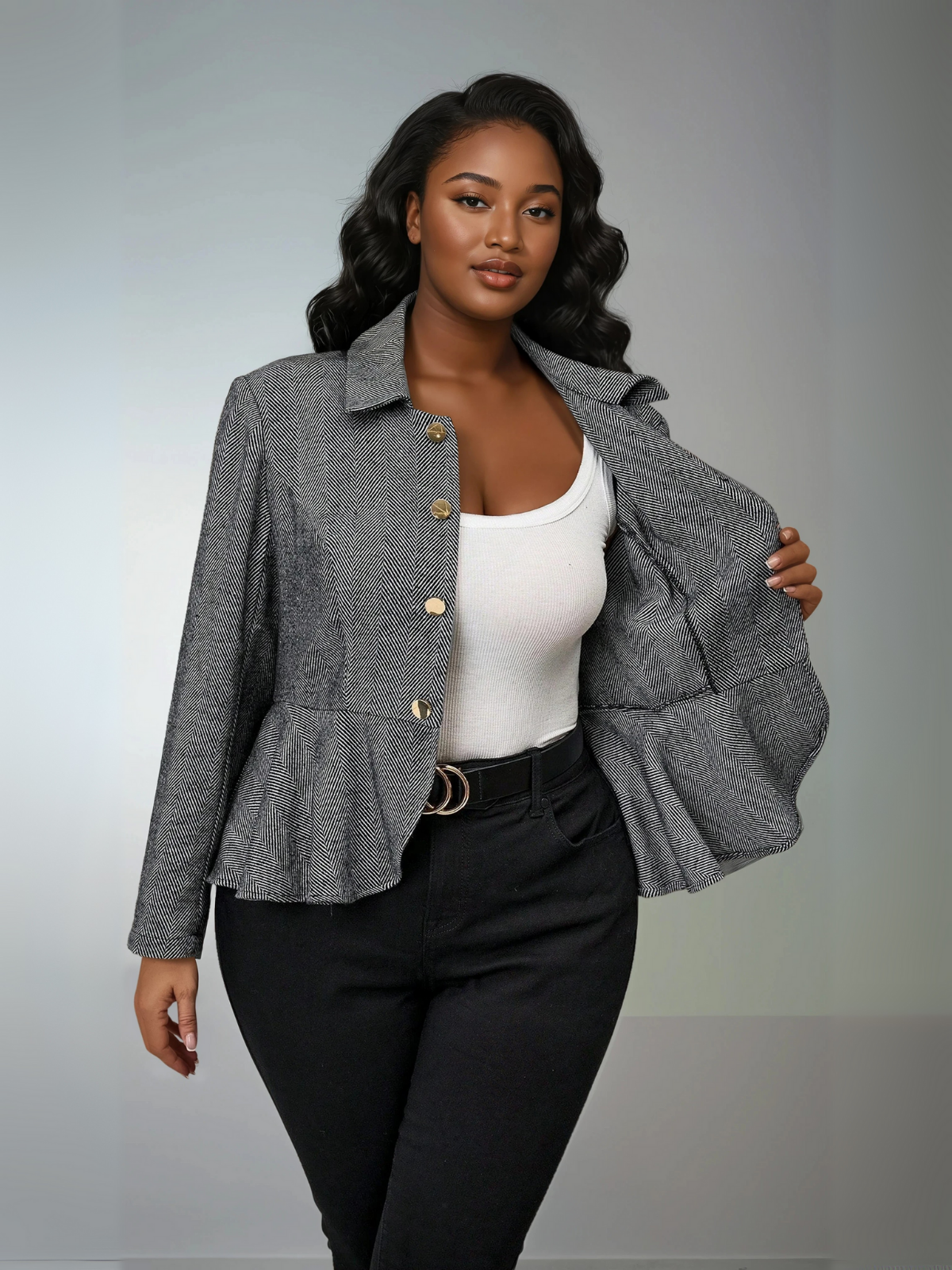 Plus Size Herringbone Jacket Open Front Lined Warmth