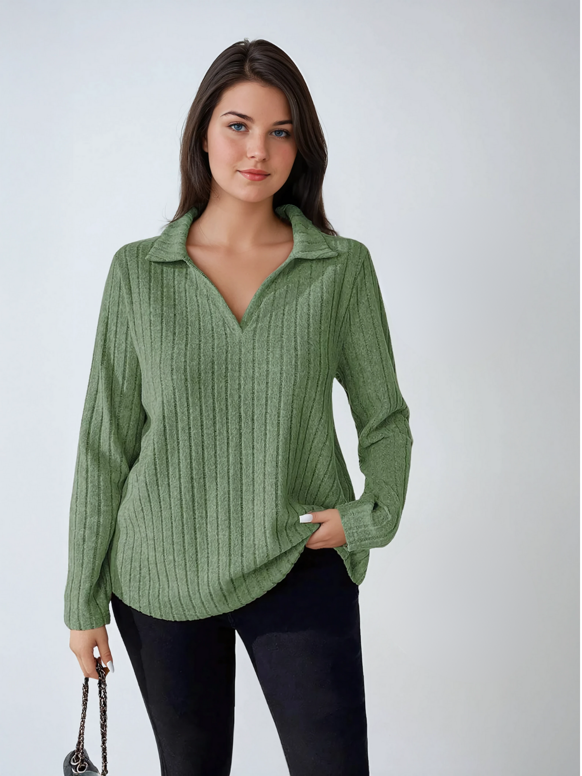 Plus Size Ribbed Turndown Collar Long Sleeve Tee Casual