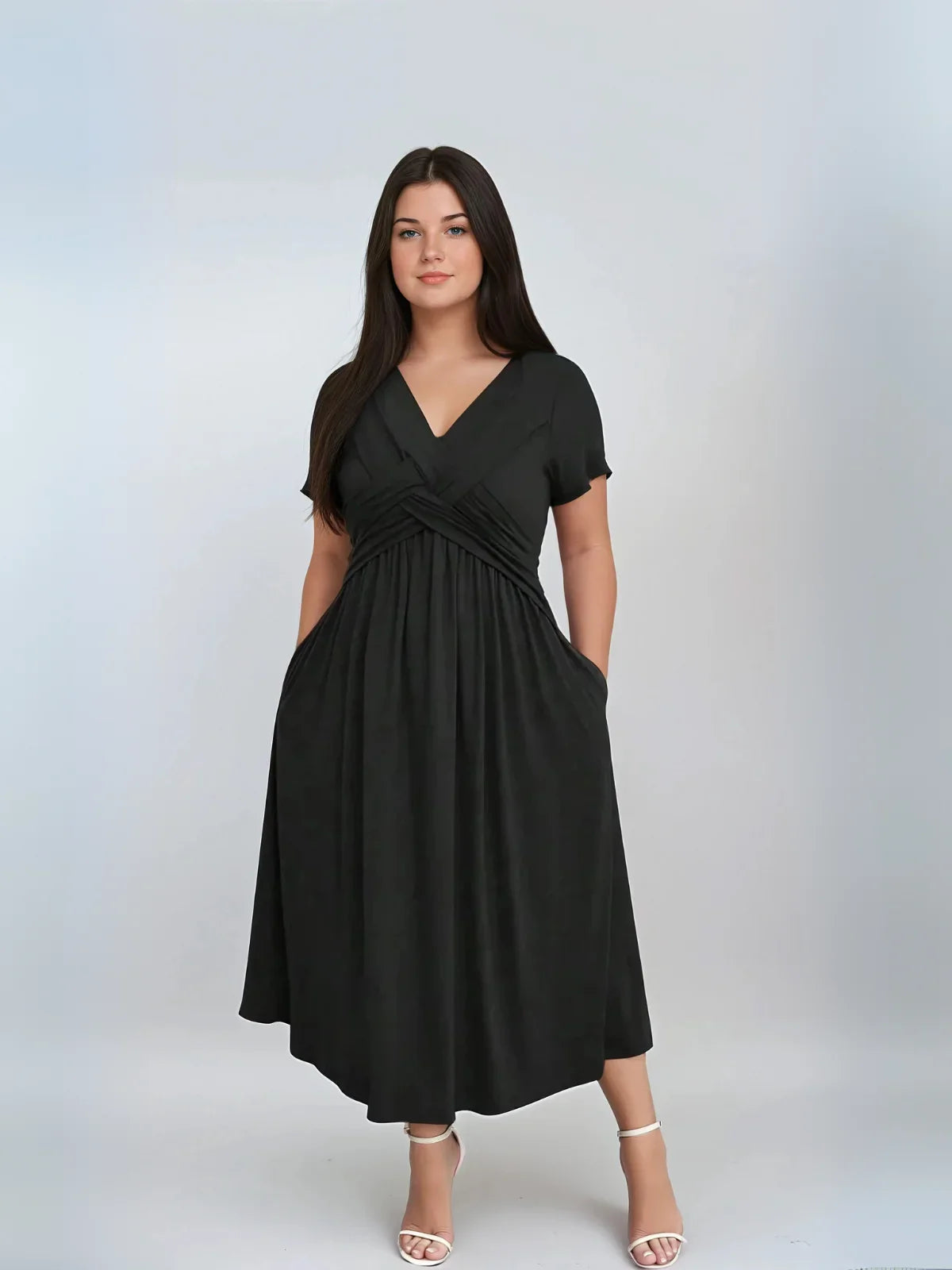 Plus Size V Neck Sundress With Pockets Cinched Waist - LA FEMME WANDERER