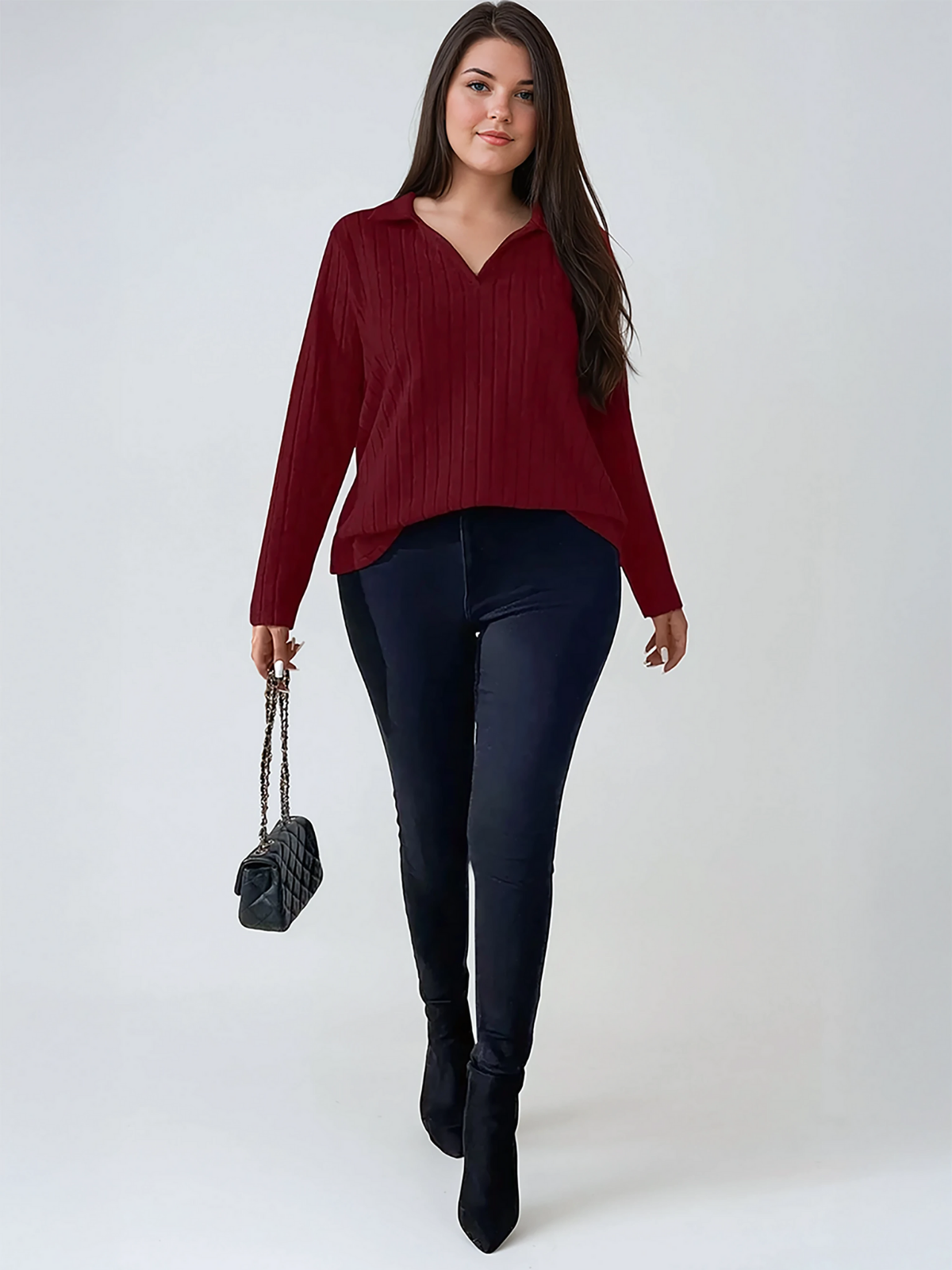 Plus Size Ribbed Turndown Collar Long Sleeve Tee Casual