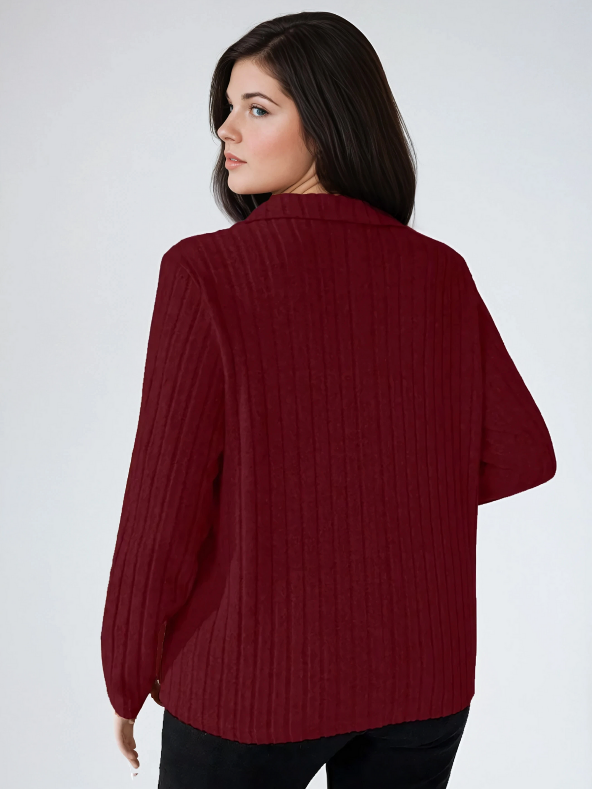 Plus Size Ribbed Turndown Collar Long Sleeve Tee Casual