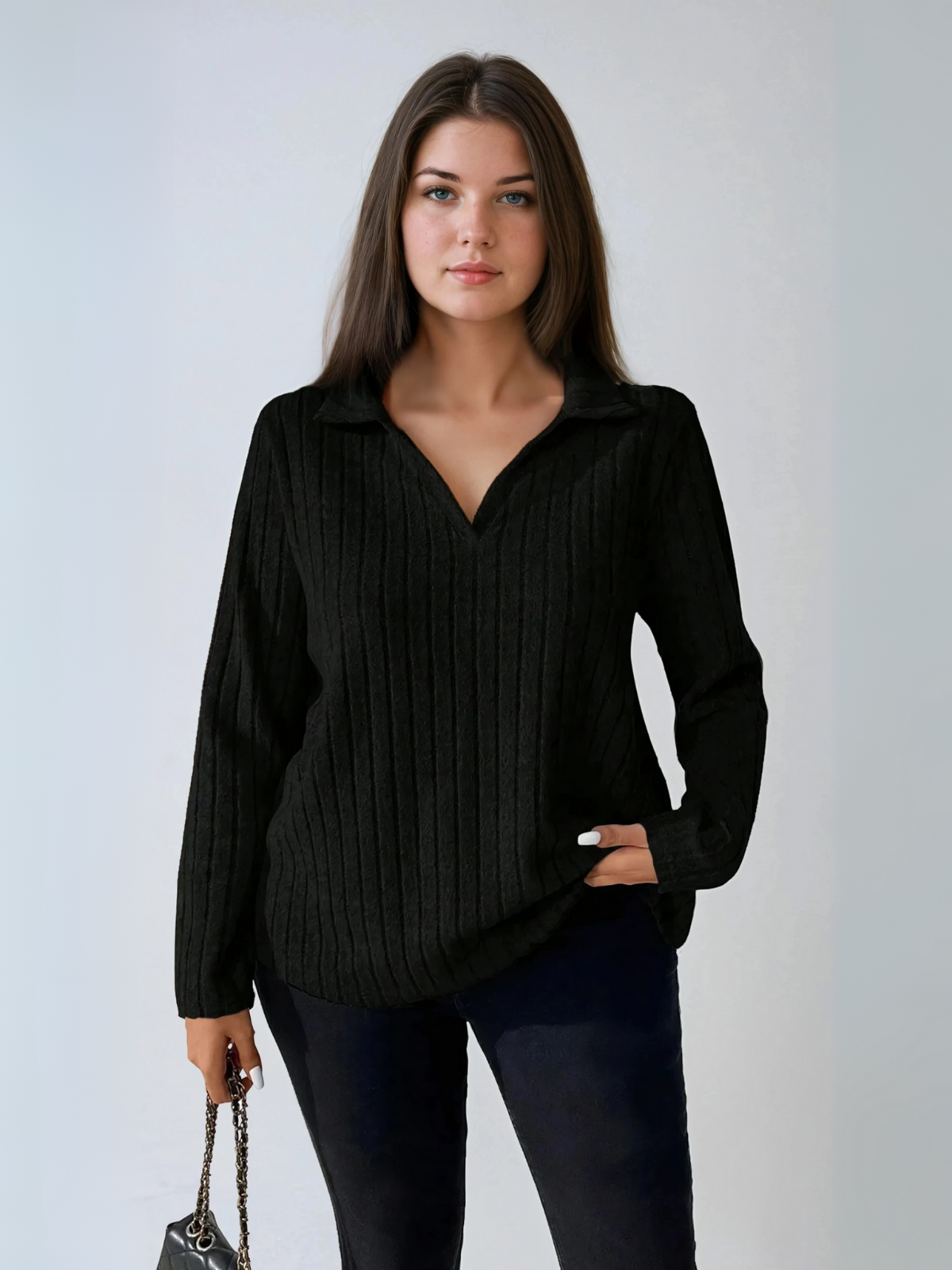 Plus Size Ribbed Turndown Collar Long Sleeve Tee Casual