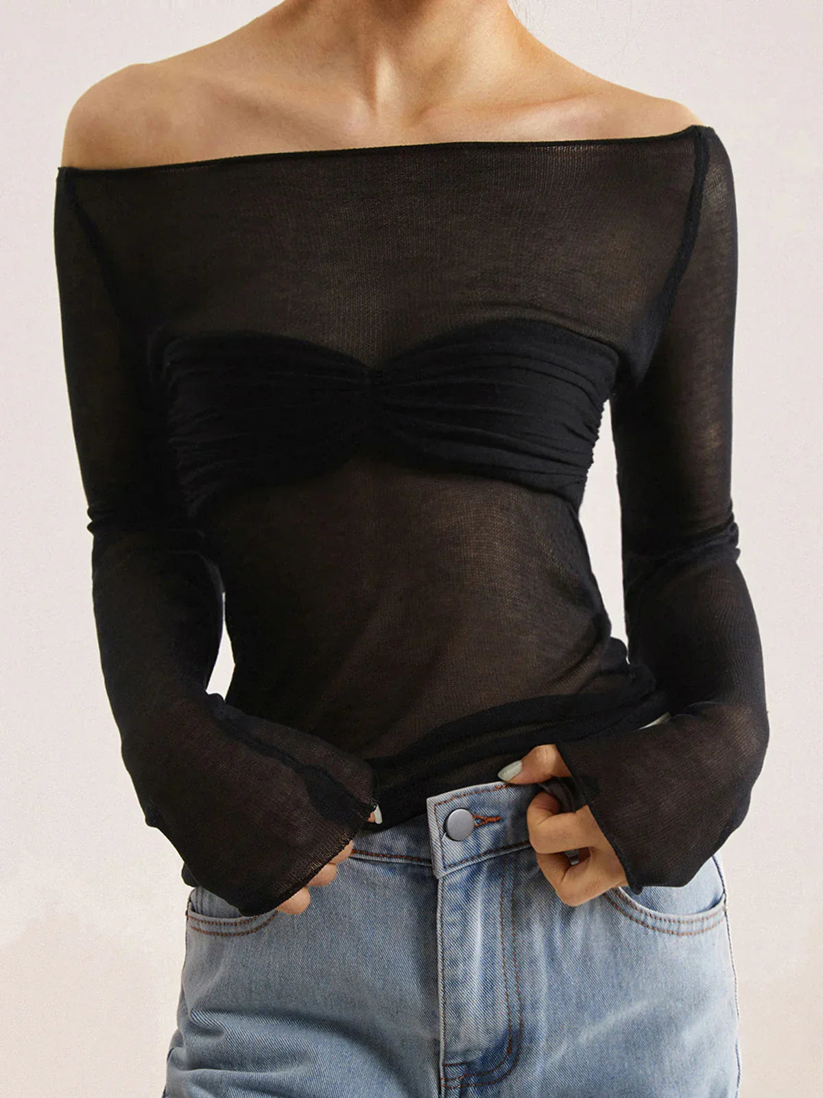 Nostalgia Off-Shoulder Mesh Long Sleeve Shirt - LA FEMME WANDERER