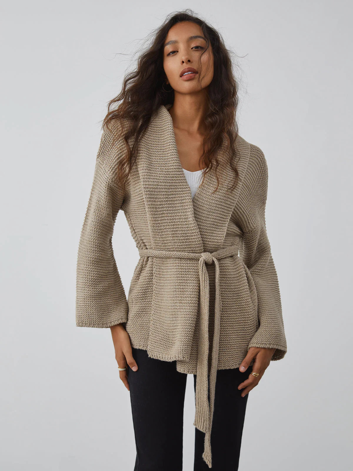 Taupe Tie Cardigan - LA FEMME WANDERER