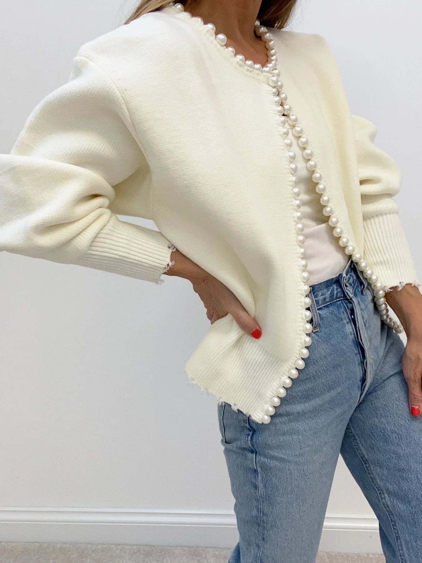 Pearl Trim Ripped Hem Cardigan - LA FEMME WANDERER