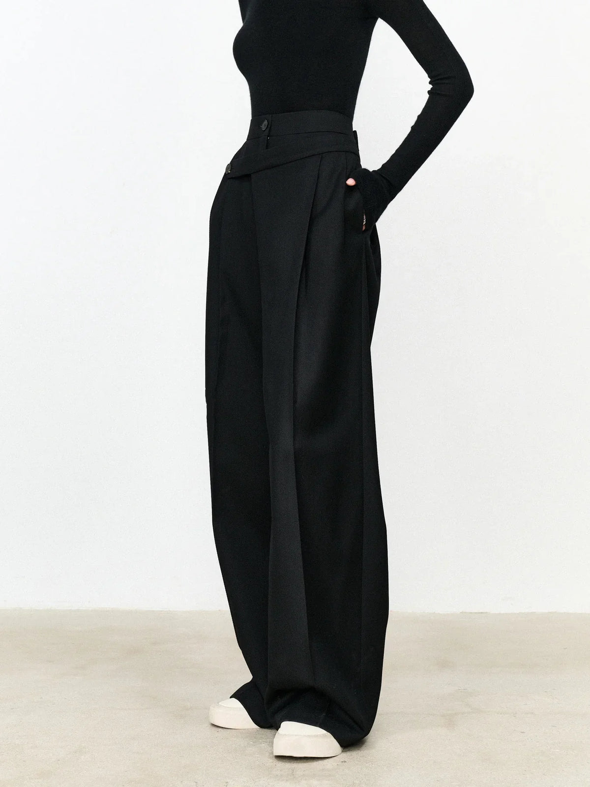 asymmetrical layer button wide leg dress pants Asymmetric Layer Button Straight Leg Dress Pants
