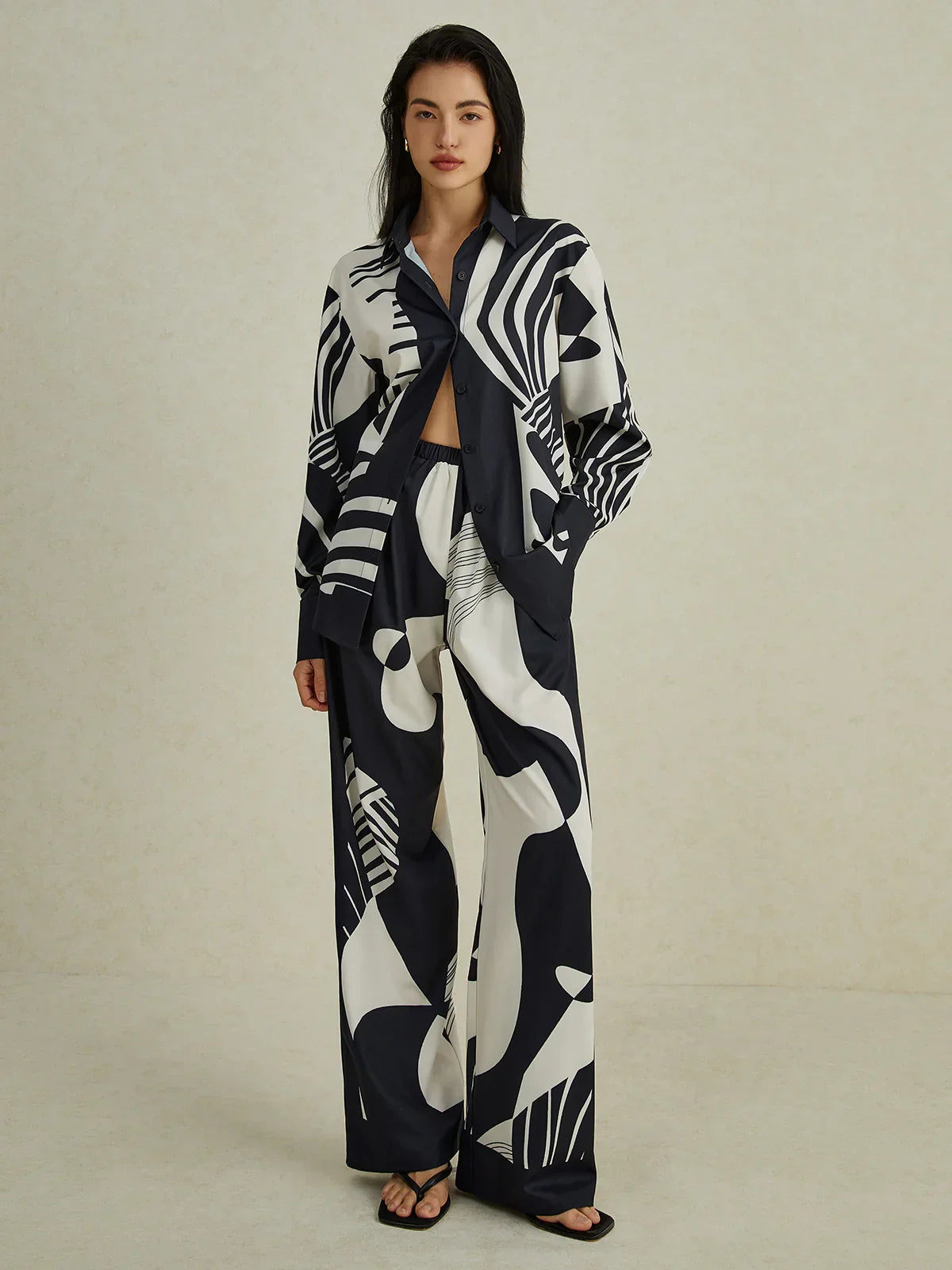 Irregular Print Wide Leg Pants Set - LA FEMME WANDERER