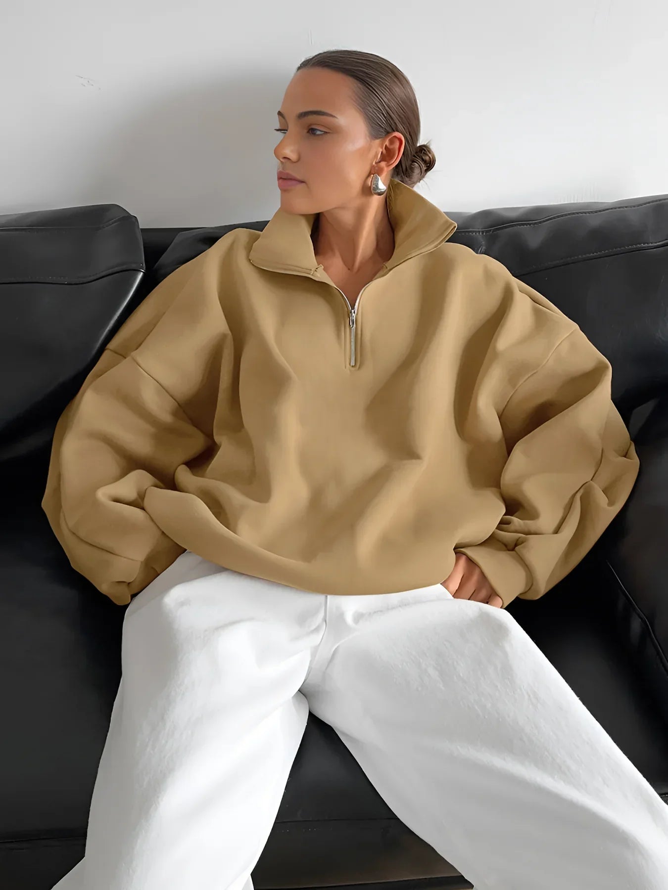 Lapel Zipper Pullover Sweatshirt - LA FEMME WANDERER