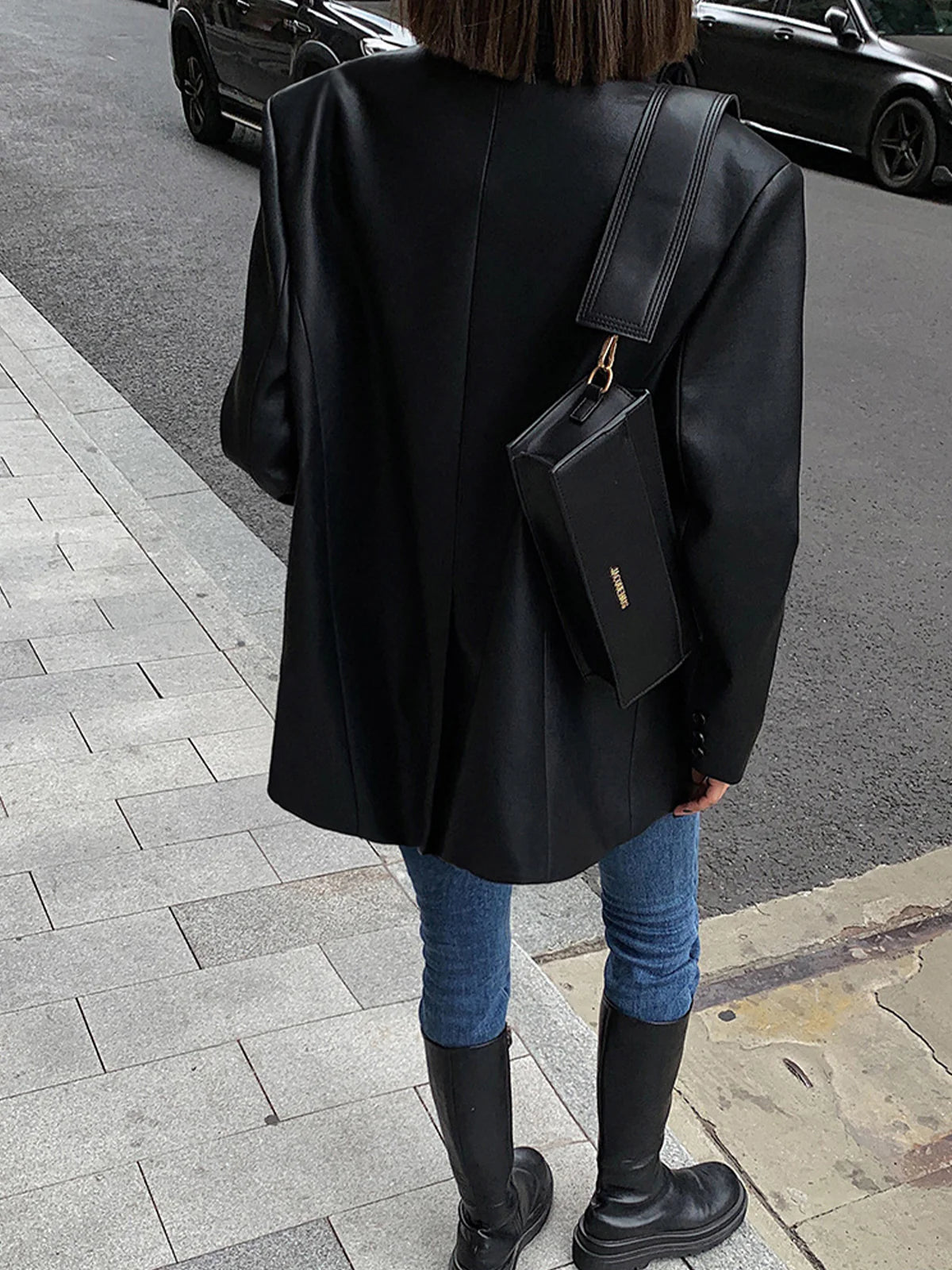 Lapel Pockets Leather Blazer - LA FEMME WANDERER