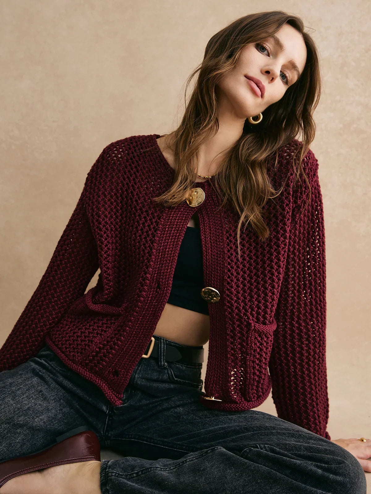 Retro Button Down Hollow Cardigan - LA FEMME WANDERER