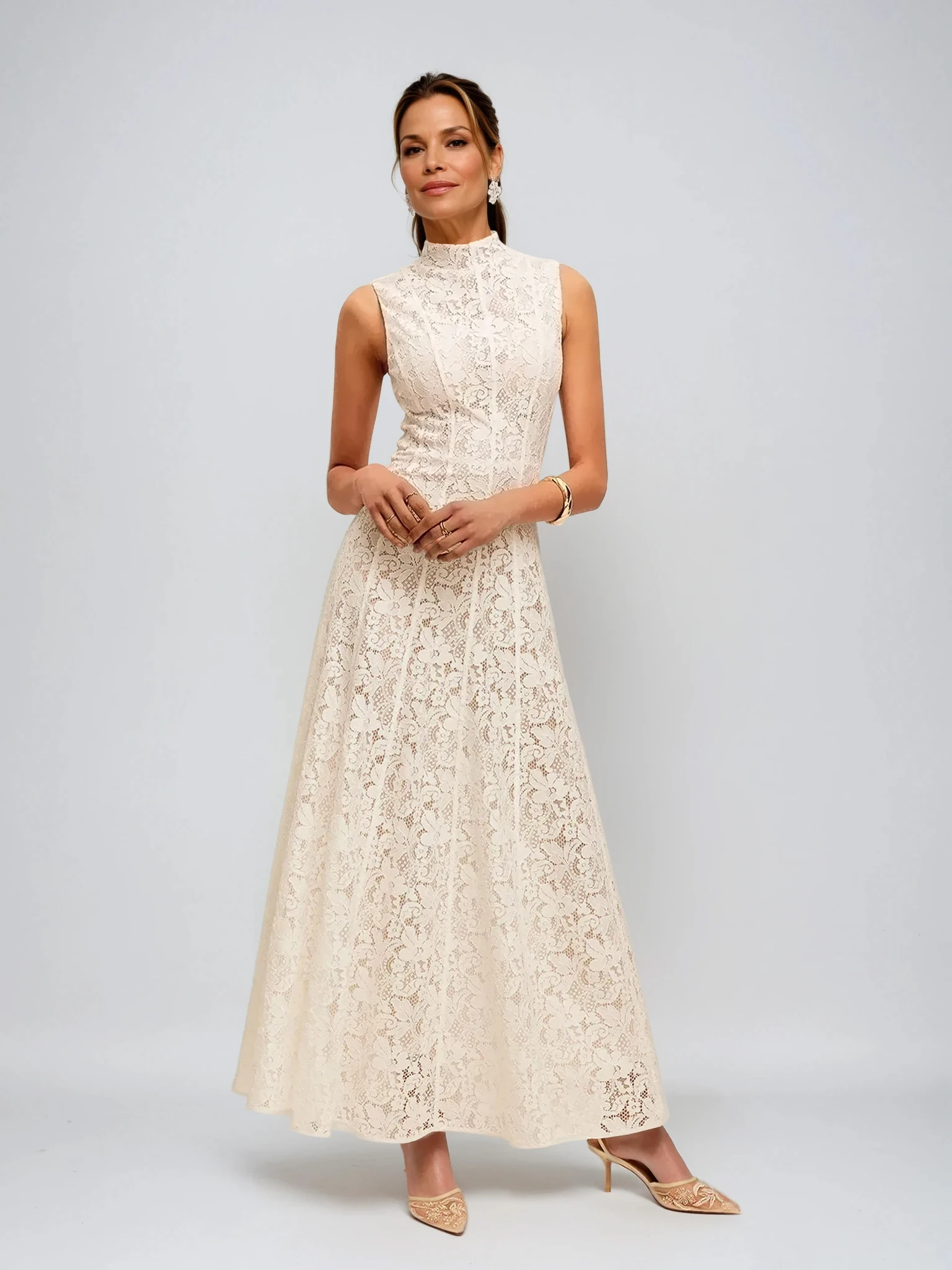 Half Turtleneck Sleeveless Semi-Sheer Lace Dress