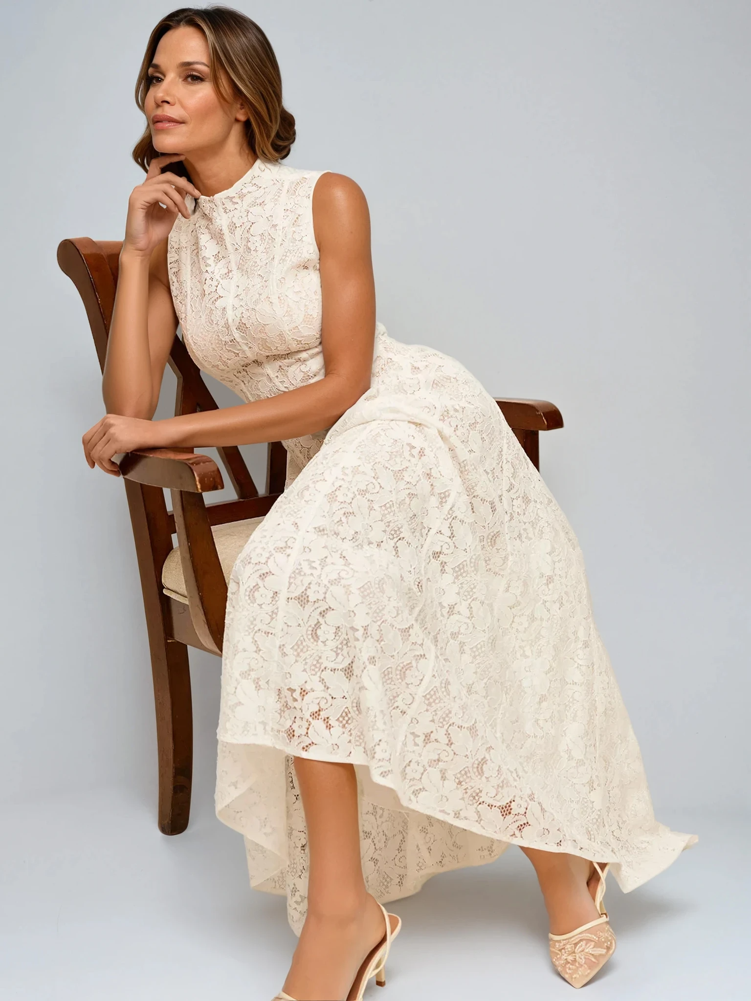 Half Turtleneck Sleeveless Semi-Sheer Lace Dress