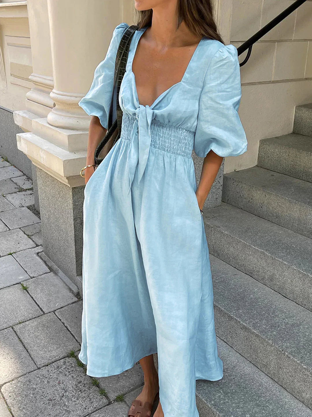 front tie linen dress Linen-Blend Tie-Front Midi Dress