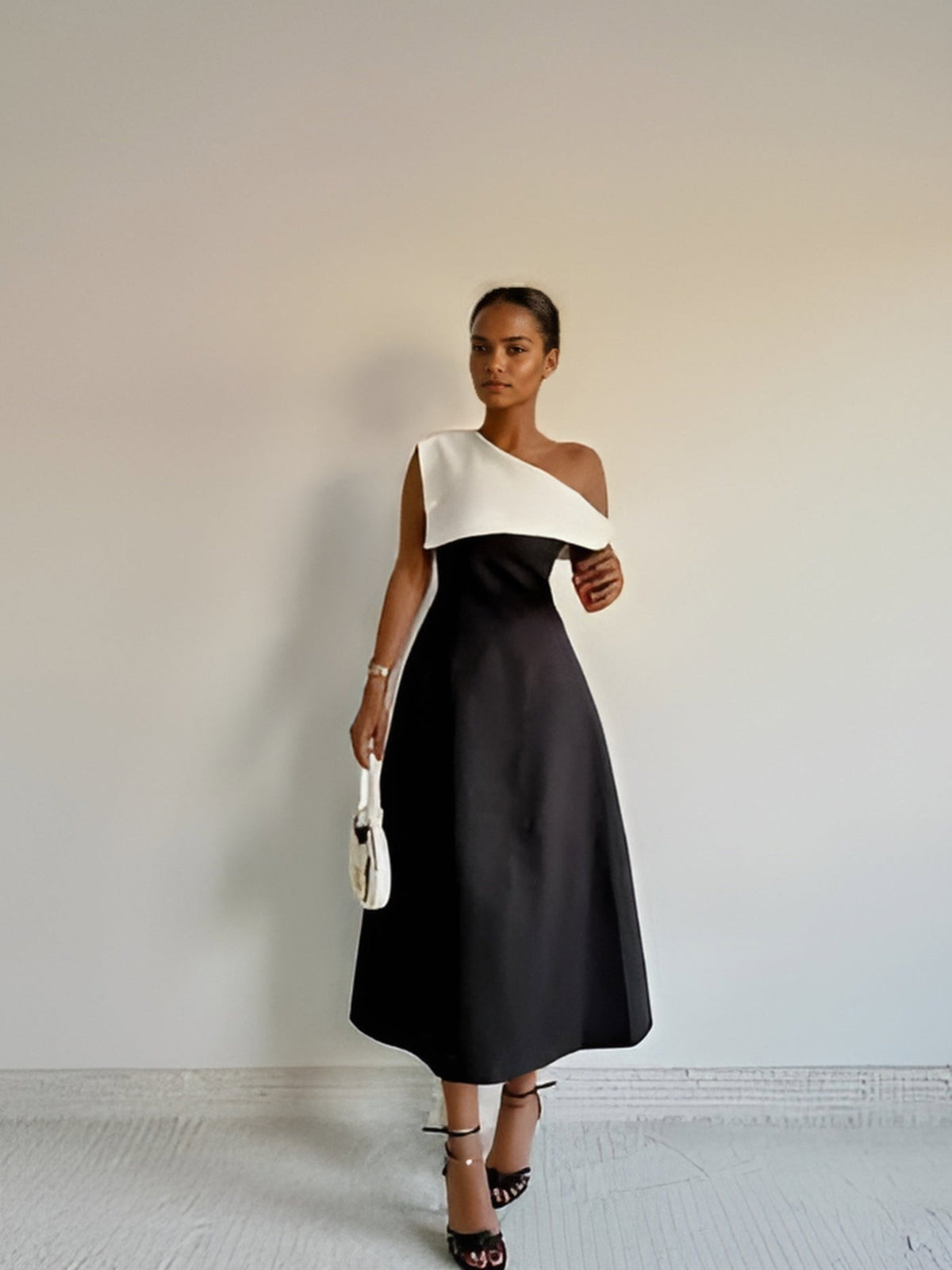 Classic Elegance Black And White Off-shoulder Dress - LA FEMME WANDERER