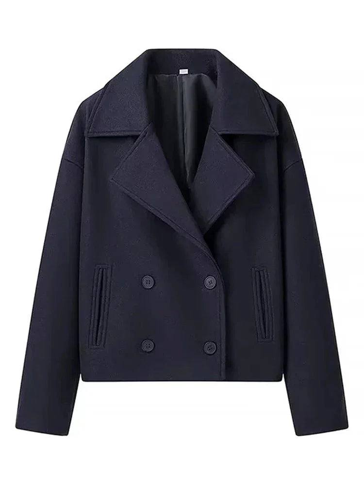 Wool Blend Lapel Double Breasted Long Sleeve Coat - LA FEMME WANDERER