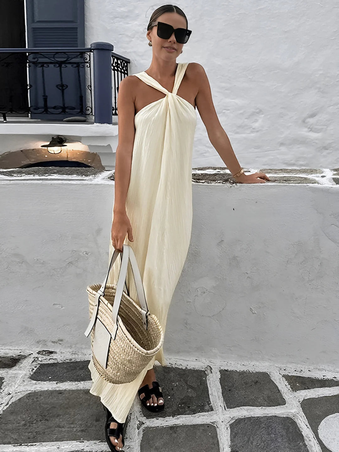 Backless Cross Shoulder Halter Long Dress