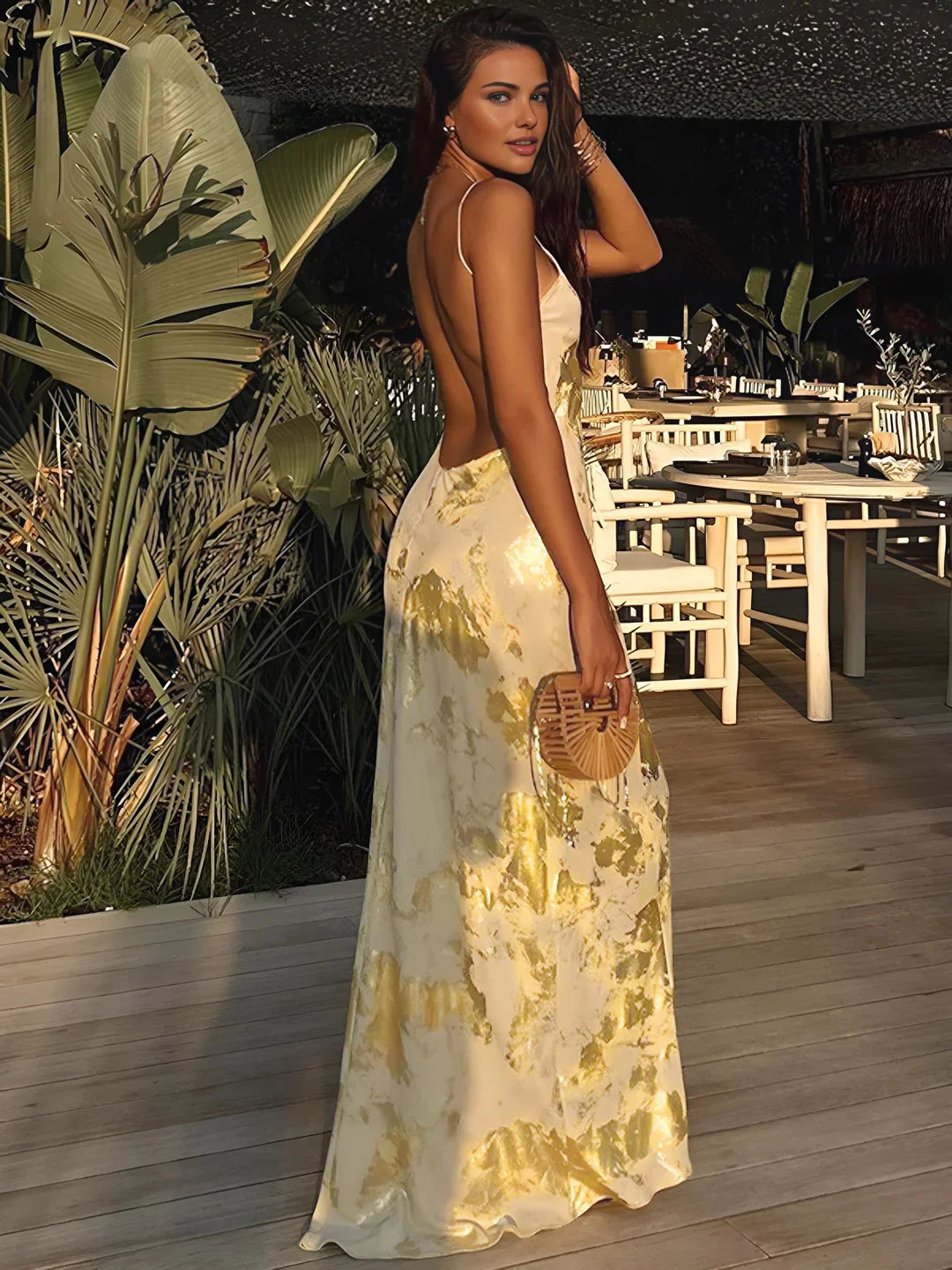 Metallic Print V-Neck Backless Slip Long Dress | LA FEMME WANDERER Metallic Print V-Neck Backless Slip Long Dress | LA FEMME WANDERER