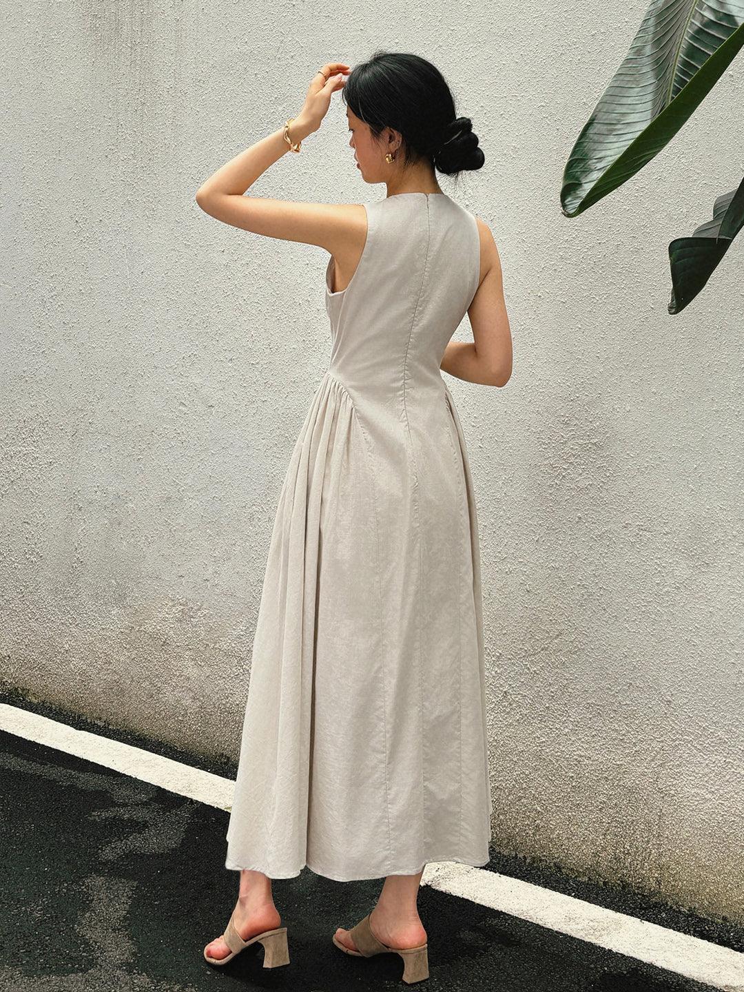 cotton & linen pleated cutout long dress Commense Cotton Linen Pleated Cutout Long Dress