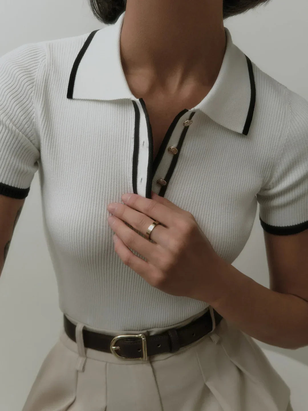 Contrast Trim Metal Button Knit Top - LA FEMME WANDERER