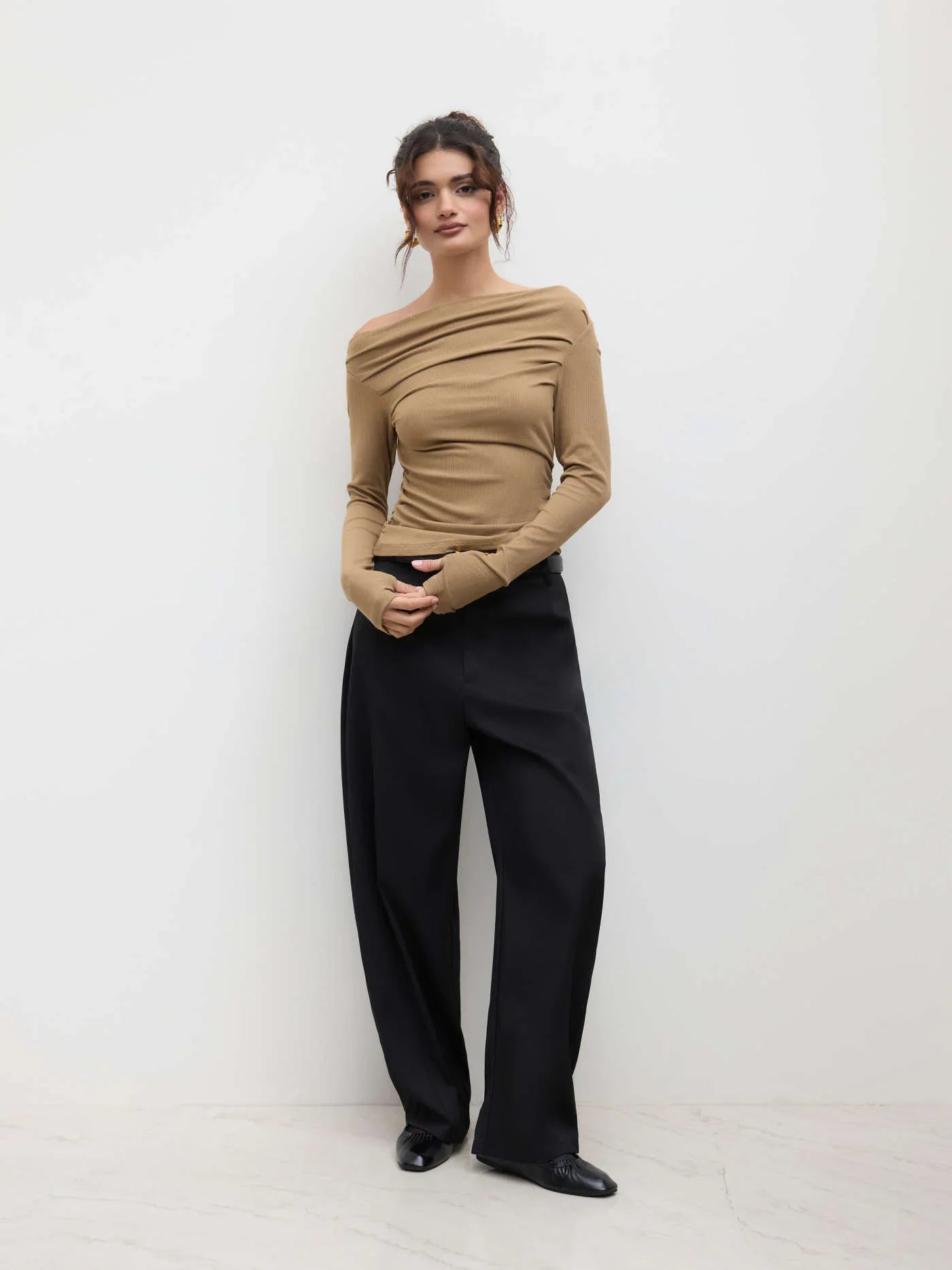 Solid Asymmetrical Neck Long Sleeve Top - LA FEMME WANDERER