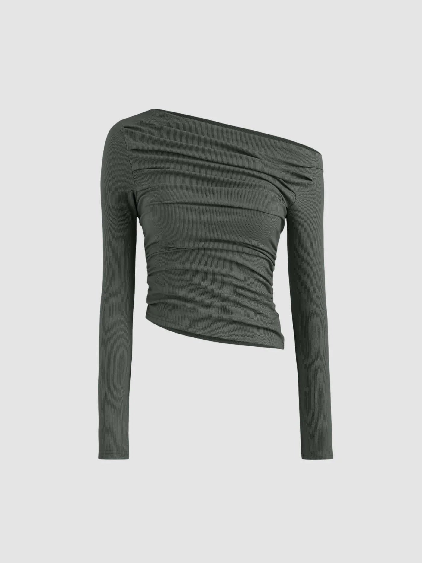 Solid Asymmetrical Neck Long Sleeve Top - LA FEMME WANDERER