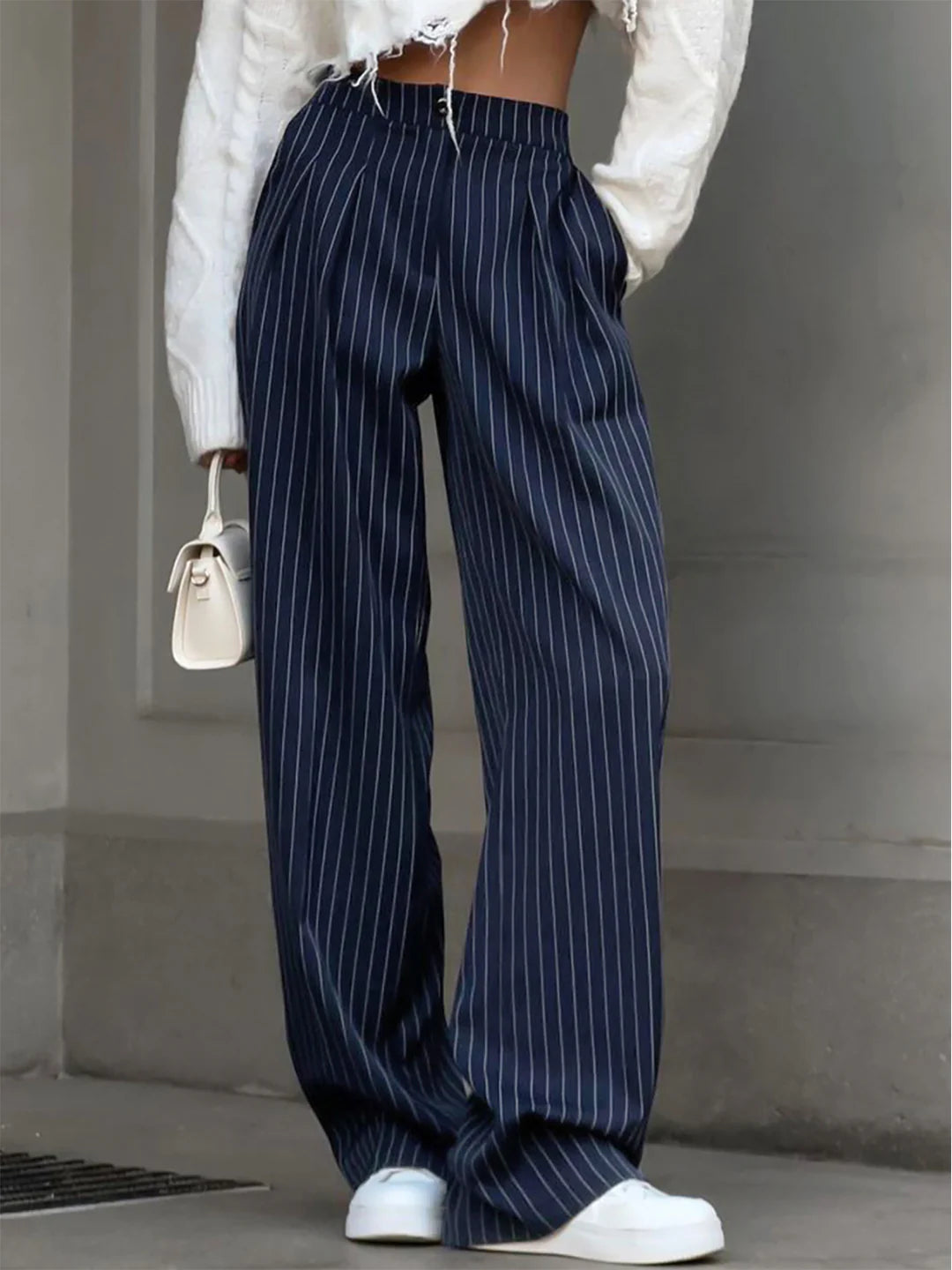 Pinstripe Pleated Wide Leg Dress Pants - LA FEMME WANDERER