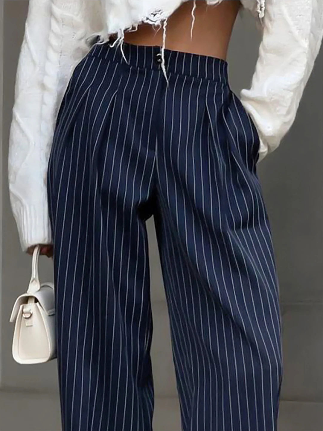 Pinstripe Pleated Wide Leg Dress Pants - LA FEMME WANDERER