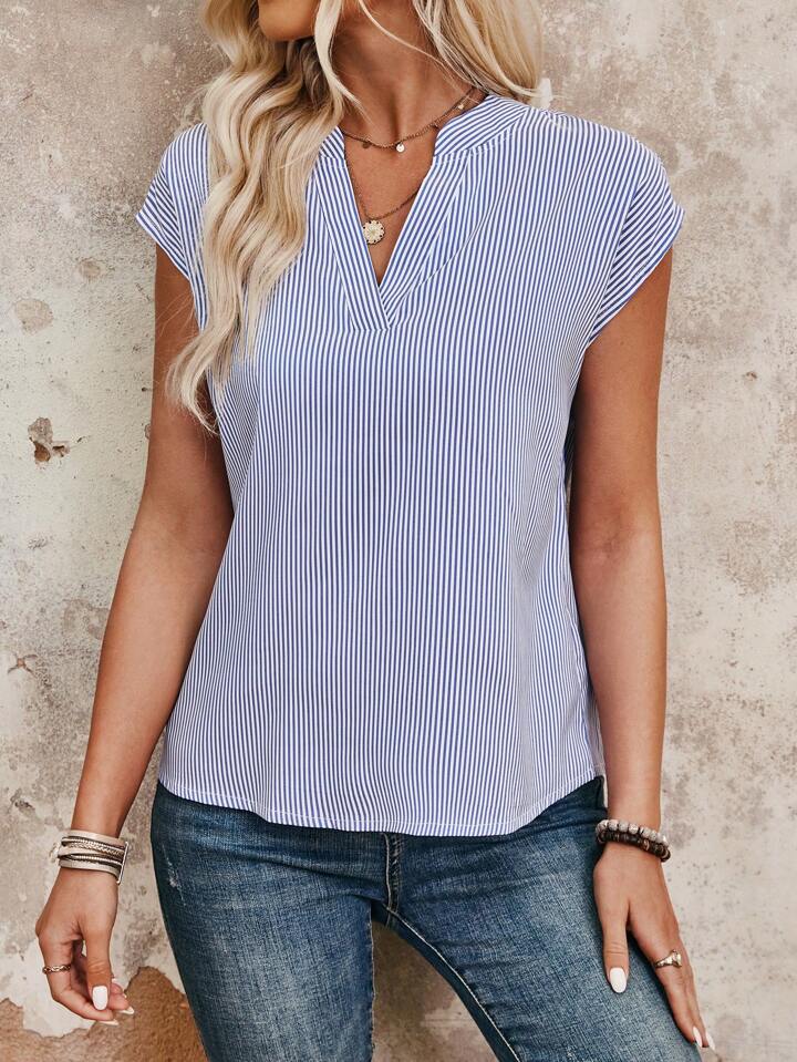 Notched Collar Pinstripe V-Neck Blouse