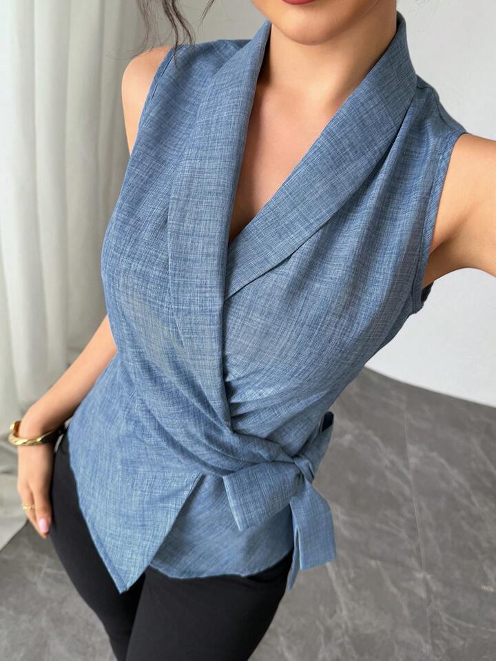 Tailored Blue Waist-Tie Vest for Elegant Everyday Styling