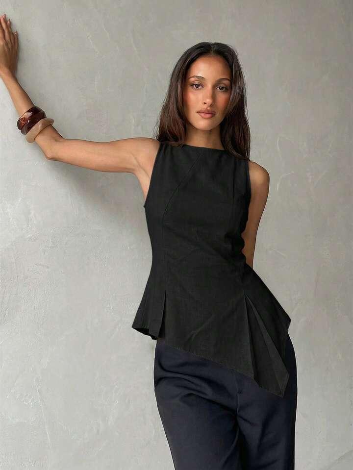 Modern Sleeveless Peplum Blouse with Elegant Asymmetric Hem