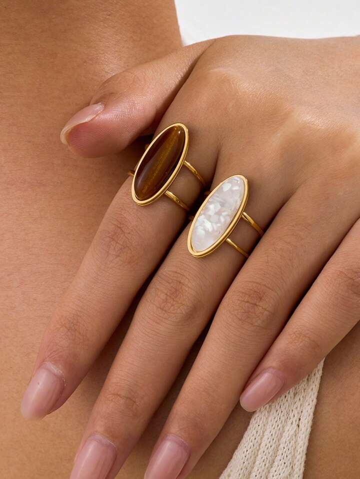 2-Piece Tiger Eye & White Stone Ring Set - LA FEMME WANDERER