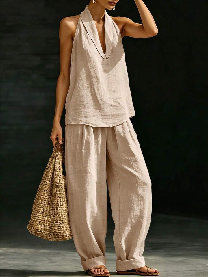Elegant Style Halter Top & Wide-Leg Pants Co-Ord