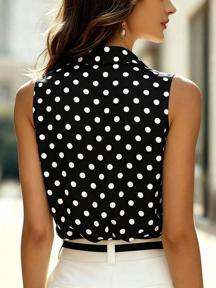 Parisian Polka Dot Sleeveless Blouse – Elegant V-Neck Top for Timeless Chic Styling