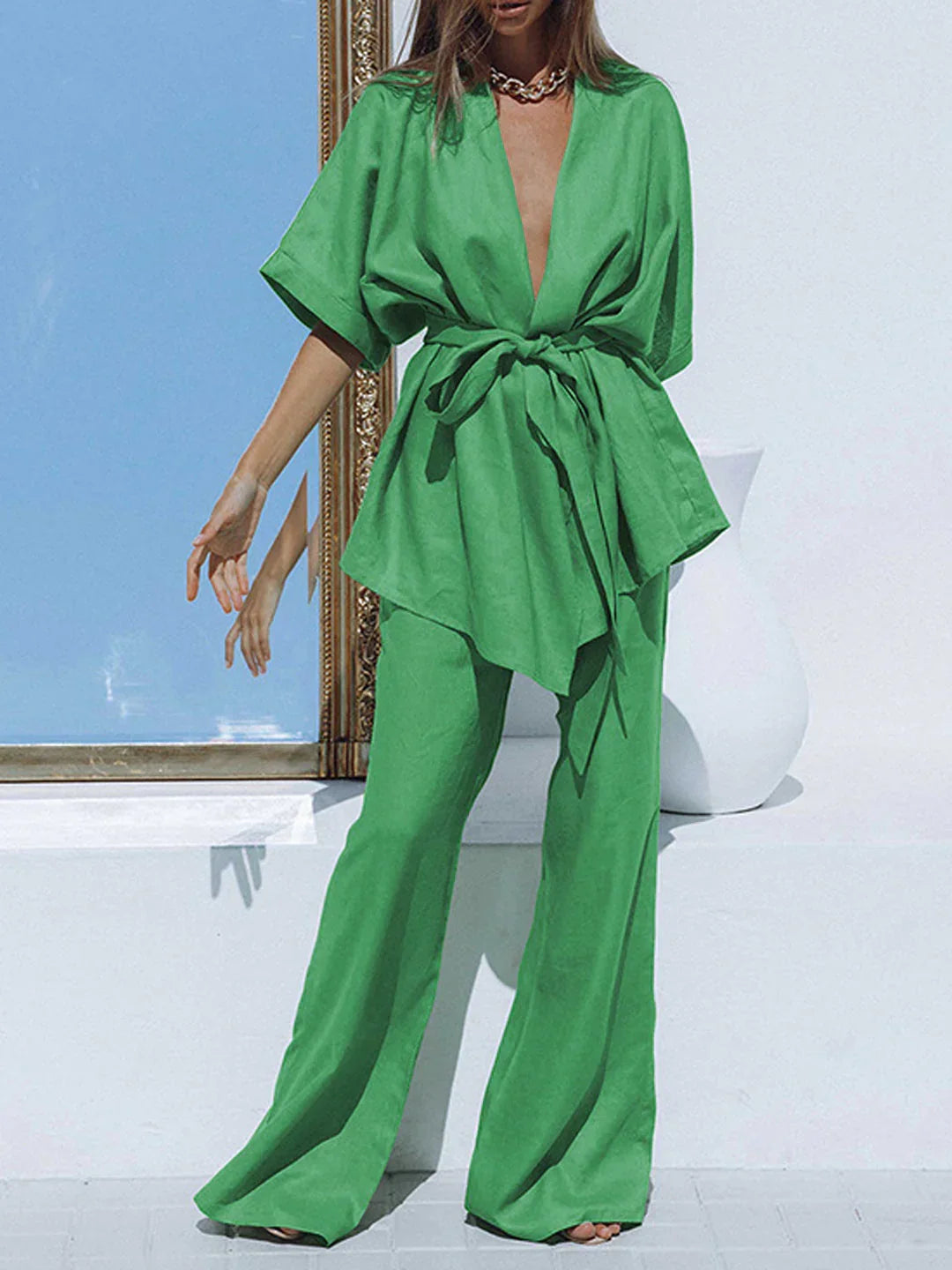 Belt Design Oversized Linen Tied Two Piece Pants Set - LA FEMME WANDERER