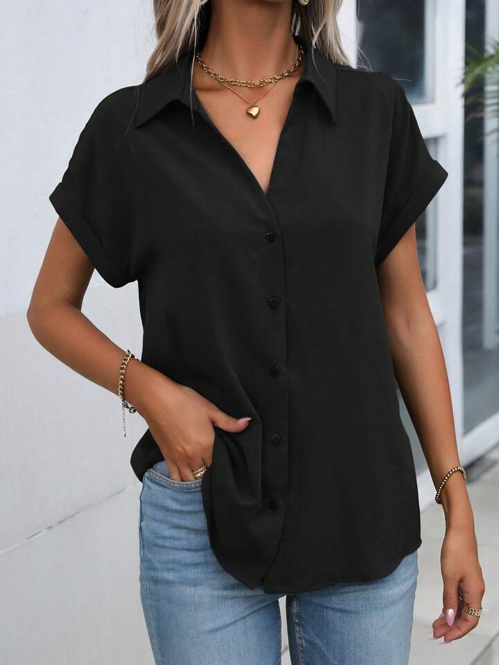 Must-have Short-sleeved Lapel Button Shirt Top - LA FEMME WANDERER