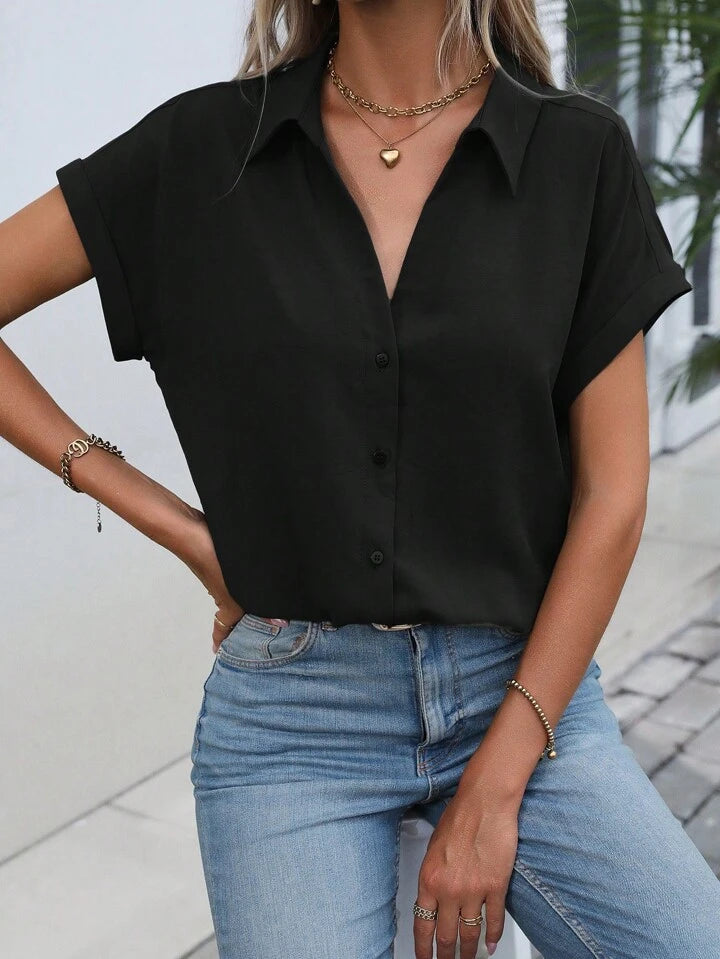 Must-have Short-sleeved Lapel Button Shirt Top - LA FEMME WANDERER