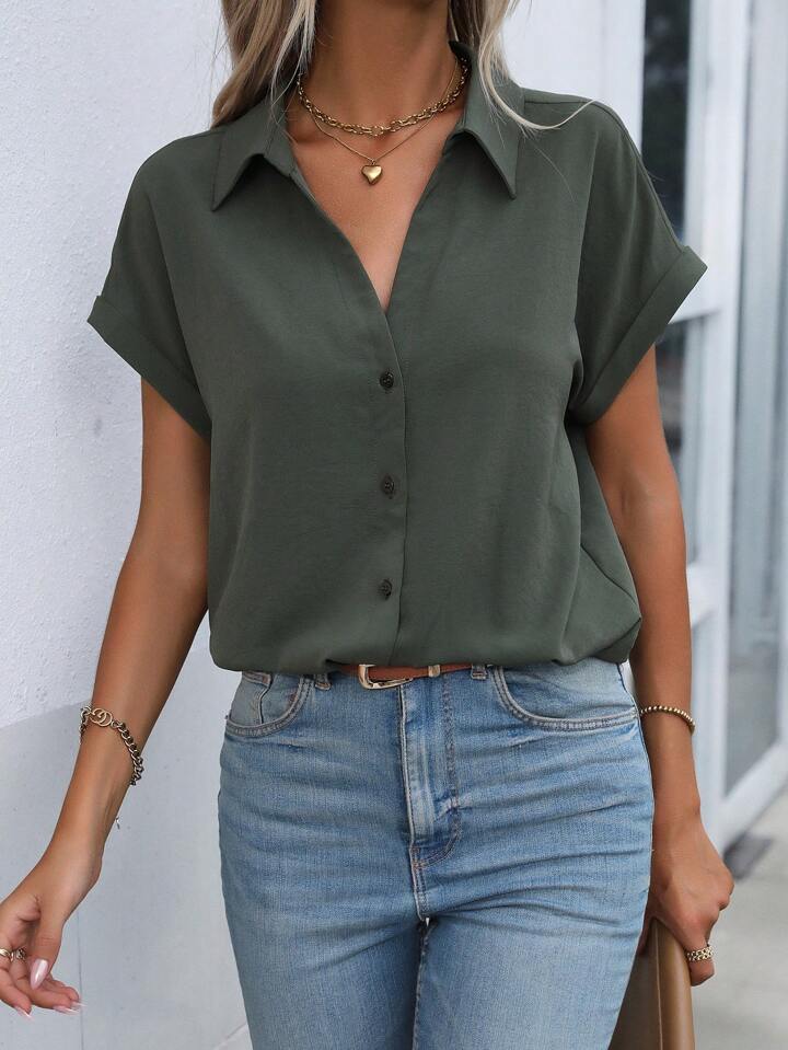 Must-have Short-sleeved Lapel Button Shirt Top - LA FEMME WANDERER